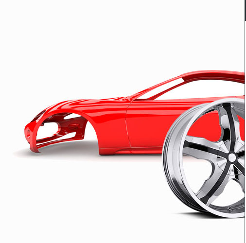 Red car body skeleton and alloy wheel