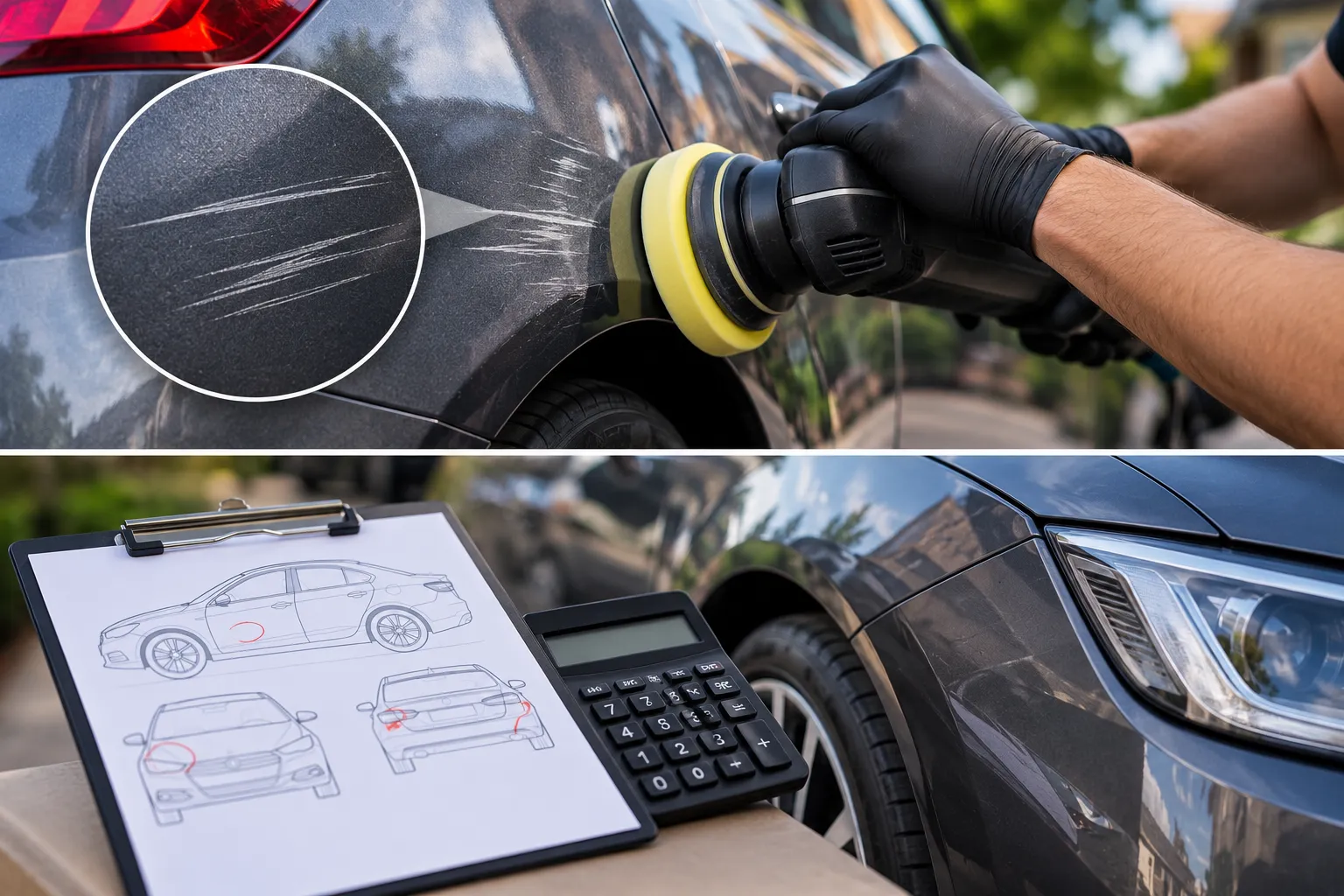 car-scratch-img **Alt text:** SMART car scratch repair and damage assessment showing localised paintwork repair and repair cost evaluation.